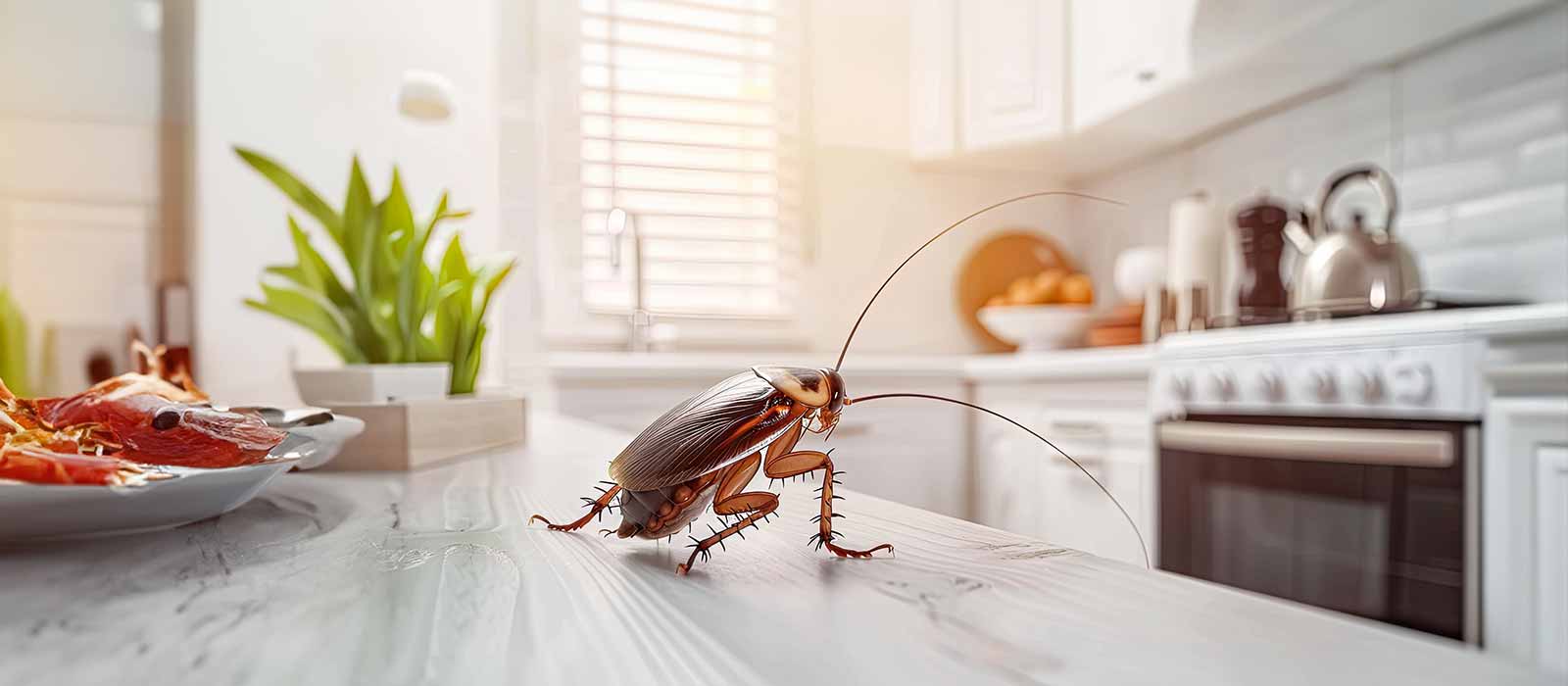 Cockroach crawling on kitchen counter near food, sunlight, pest infestation in modern white kitchen, pest control solution focus.