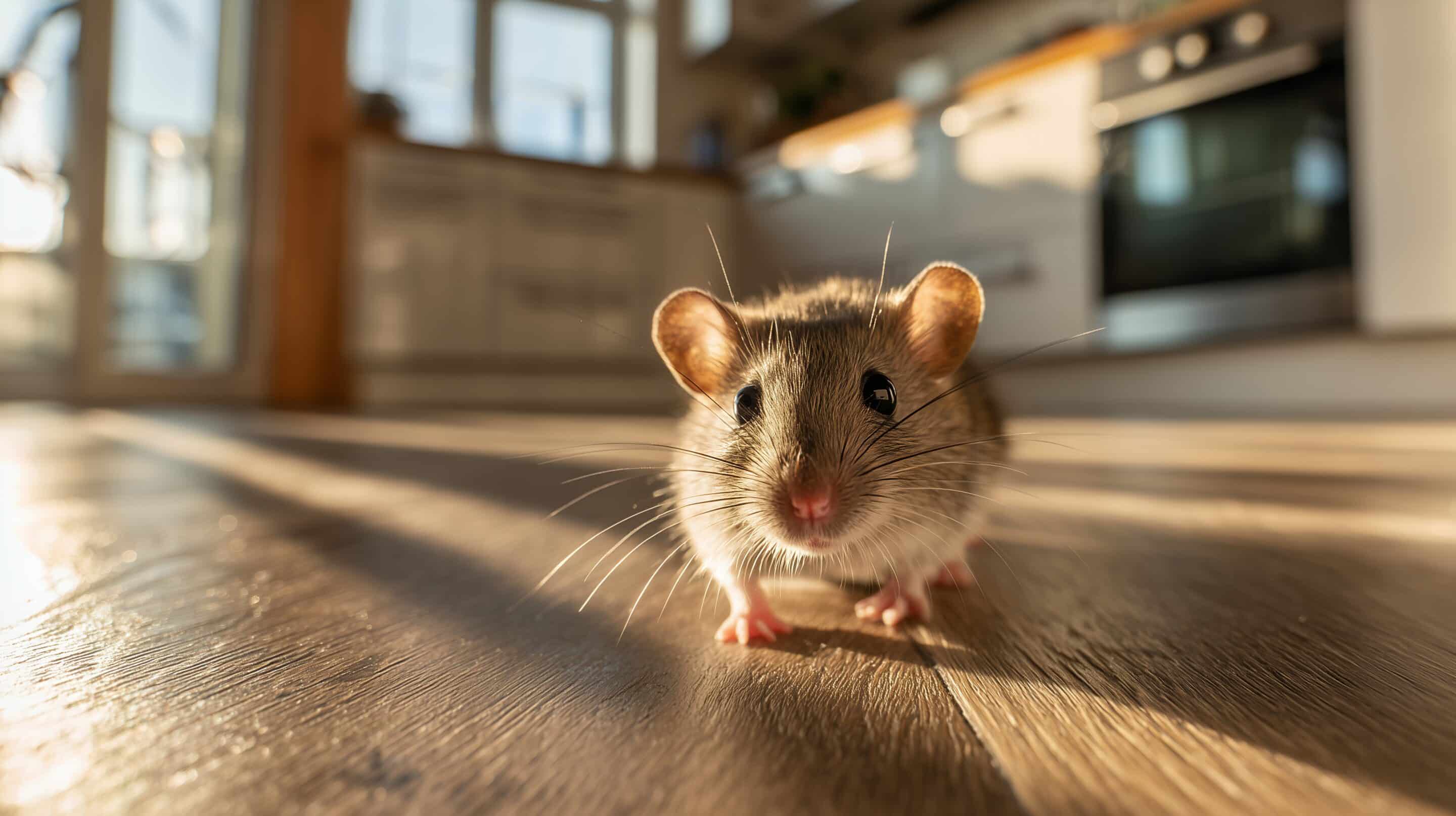 Close-up brown house mouse on sunlit kitchen floor, sign of rodent infestation—Global Pest rodent control services