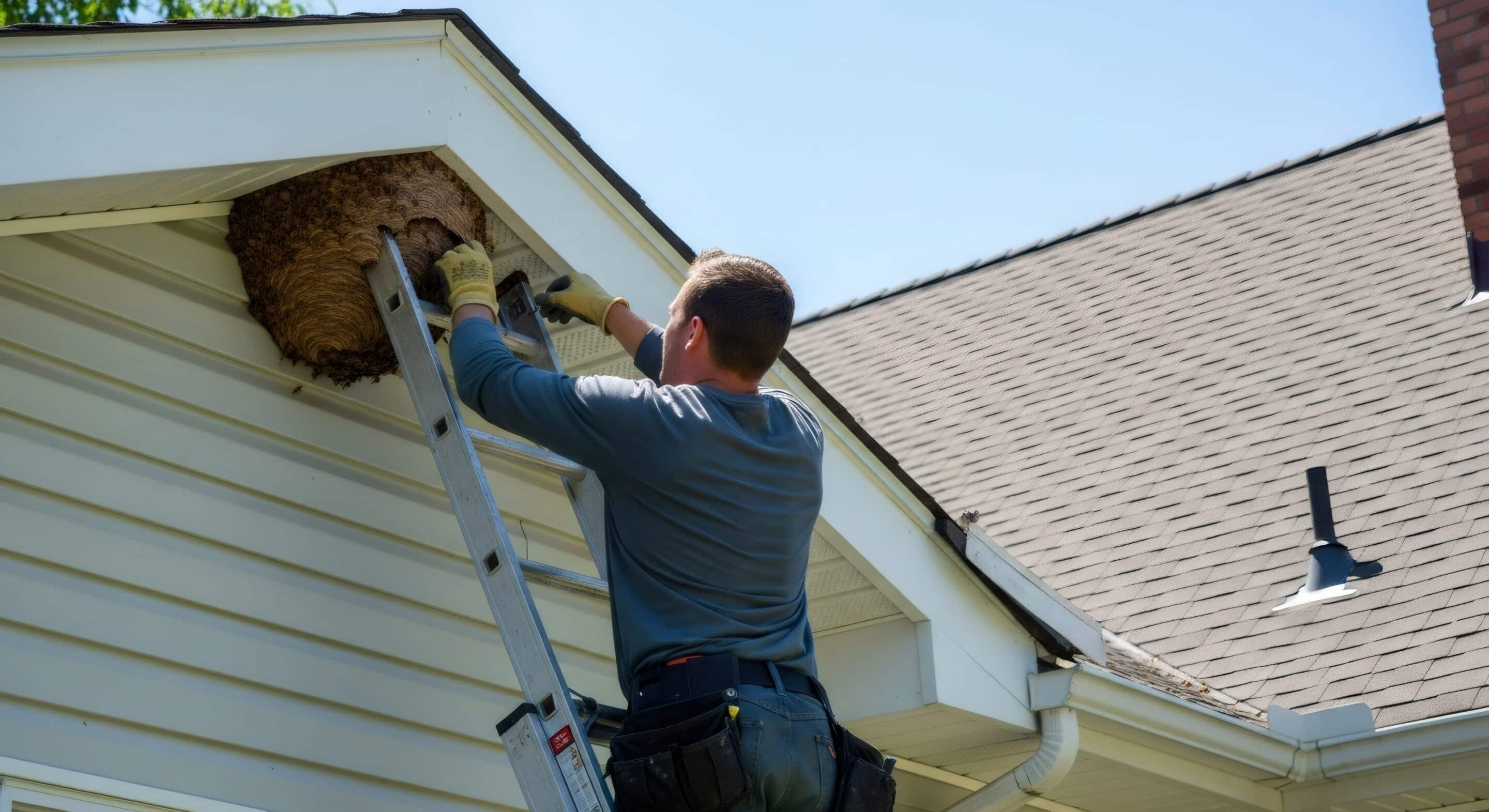 Man on ladder removing large wasp nest from house soffit. Pest control and insect removal service concept for home protection. Pest control specialist in beige uniform inspecting attic with vacuum hose and giving thumbs up, insulation visible overhead.
